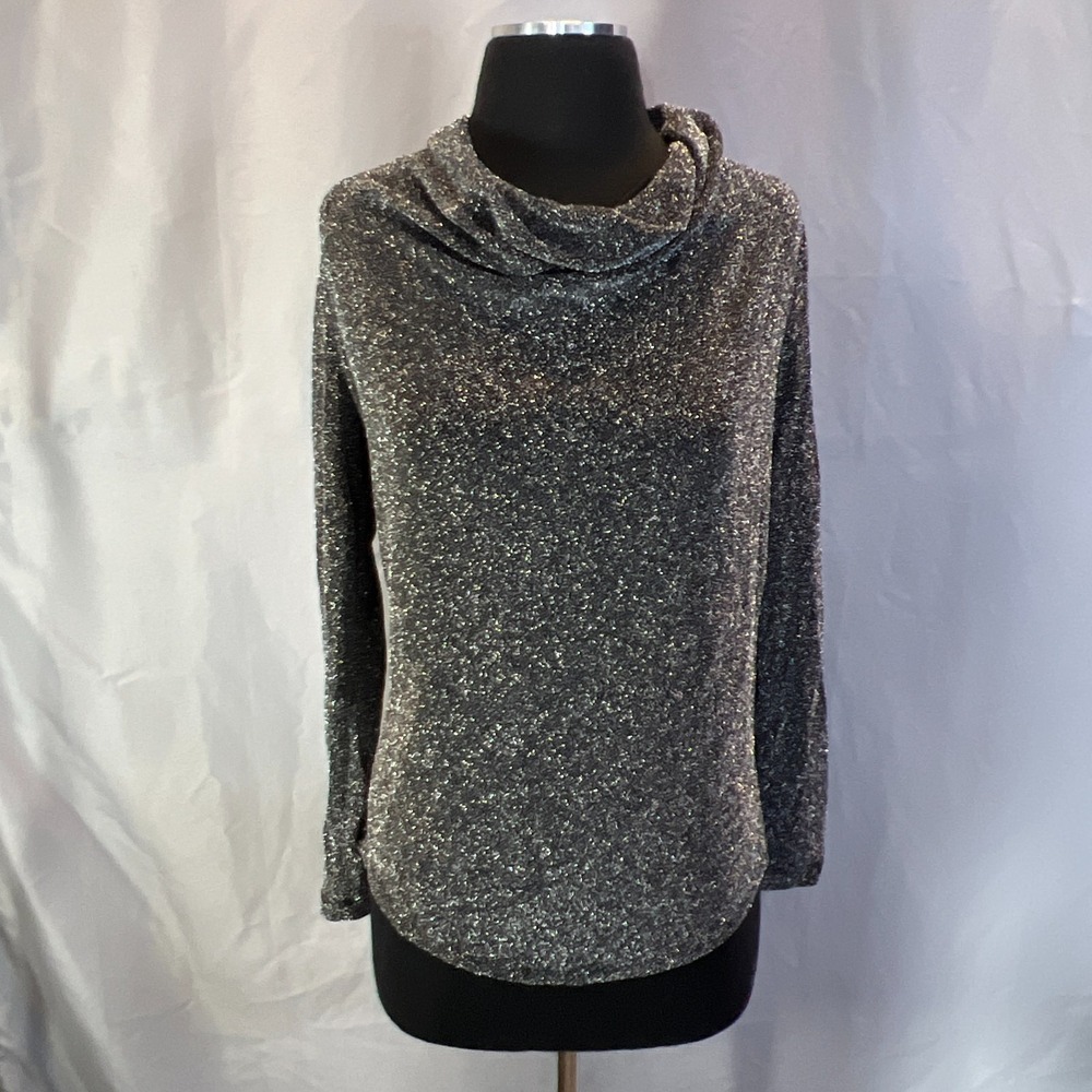 Joan Vass New York Blouse Top Womens Small Black White Metallic Cowl Neckline